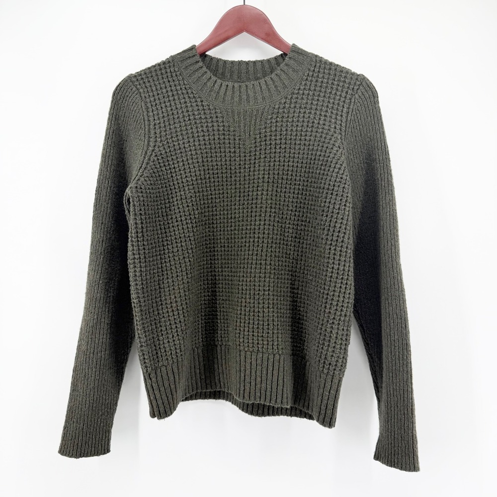 Lucky Brand Women Medium Waffle Knit Crewneck Pullover Green Sweater Cottagecore
